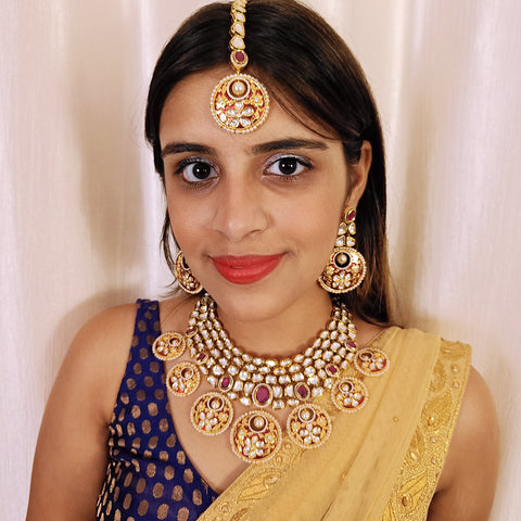 Designer Gold Plated Royal Kundan & Ruby Necklace with Earrings (D376)