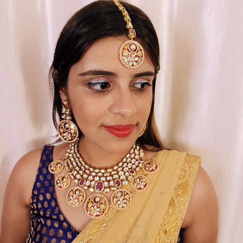 Designer Gold Plated Royal Kundan & Ruby Necklace with Earrings (D376)