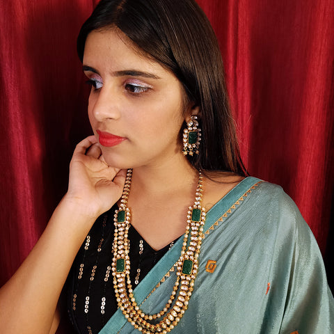 Designer Gold Plated Royal Kundan & Emerald Necklace with Earrings (D382)