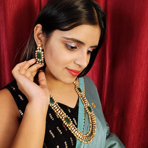 Designer Gold Plated Royal Kundan & Emerald Necklace with Earrings (D382)