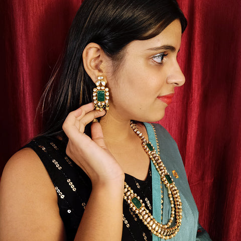 Designer Gold Plated Royal Kundan & Emerald Necklace with Earrings (D382)