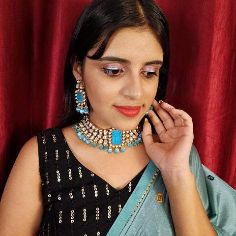 Designer Gold Plated Royal Kundan & Blue Beads Choker Style Necklace with Earrings (D381)