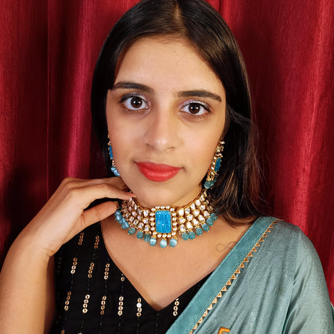 Designer Gold Plated Royal Kundan & Blue Beads Choker Style Necklace with Earrings (D381)