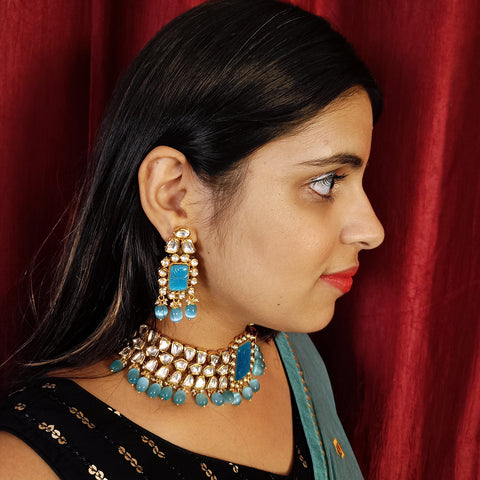 Designer Gold Plated Royal Kundan & Blue Beads Choker Style Necklace with Earrings (D381)