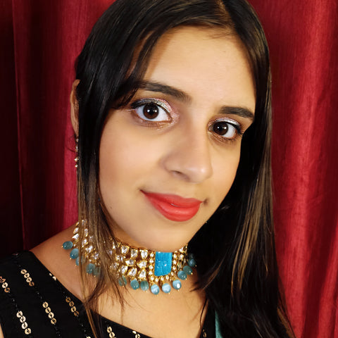 Designer Gold Plated Royal Kundan & Blue Beads Choker Style Necklace with Earrings (D381)