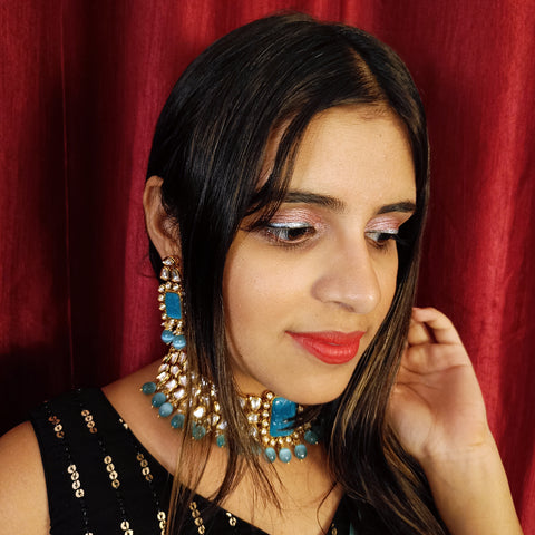 Designer Gold Plated Royal Kundan & Blue Beads Choker Style Necklace with Earrings (D381)