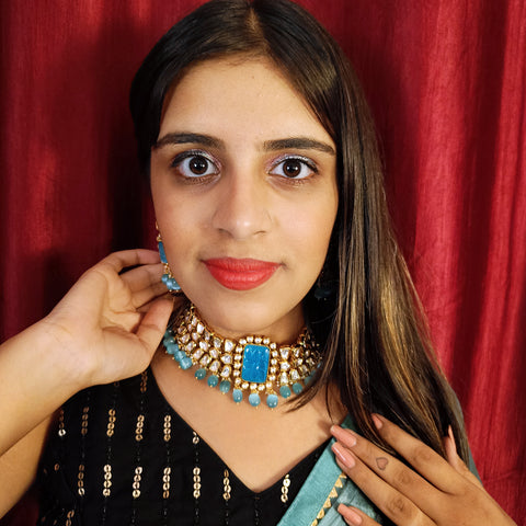 Designer Gold Plated Royal Kundan & Blue Beads Choker Style Necklace with Earrings (D381)