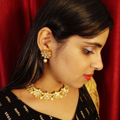 Designer Gold Plated Royal Kundan Necklace with Earrings (D380)