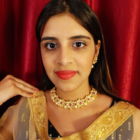 Designer Gold Plated Royal Kundan Necklace with Earrings (D379)