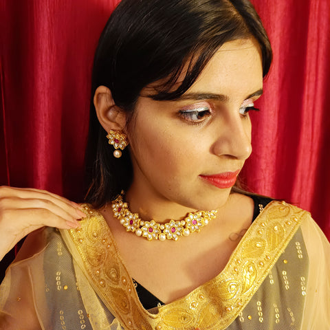 Designer Gold Plated Royal Kundan Necklace with Earrings (D379)