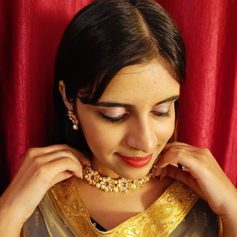 Designer Gold Plated Royal Kundan Necklace with Earrings (D379)