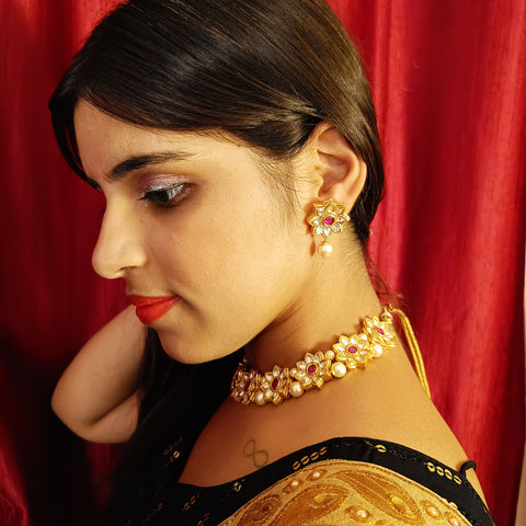Designer Gold Plated Royal Kundan Necklace with Earrings (D379)