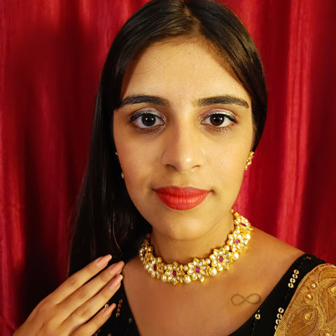 Designer Gold Plated Royal Kundan Necklace with Earrings (D379)