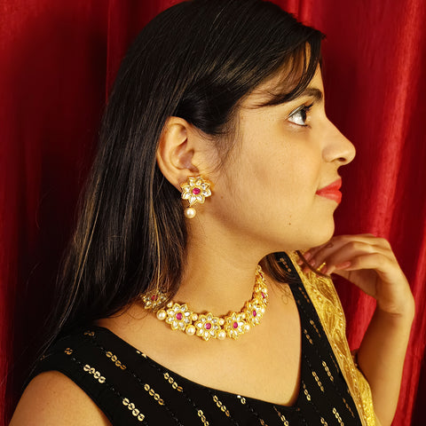 Designer Gold Plated Royal Kundan Necklace with Earrings (D379)