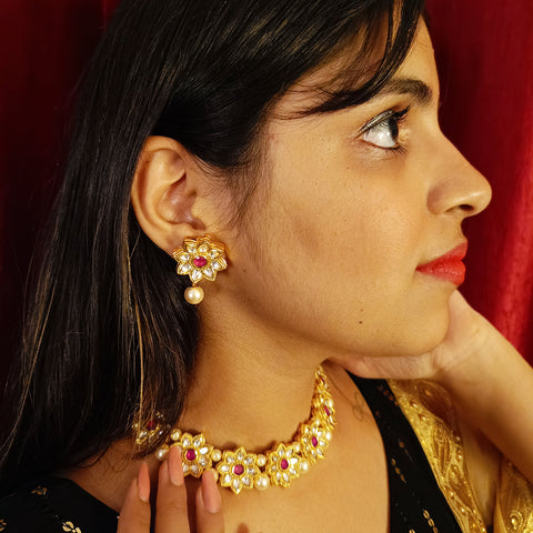 Designer Gold Plated Royal Kundan Necklace with Earrings (D379)