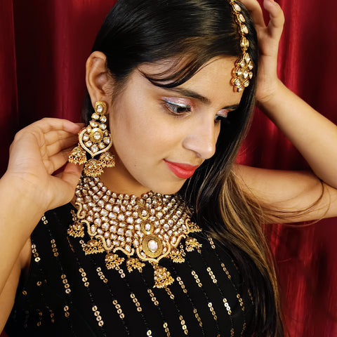 Bridal Gold Plated Royal Kundan Necklace with Earrings (D411)