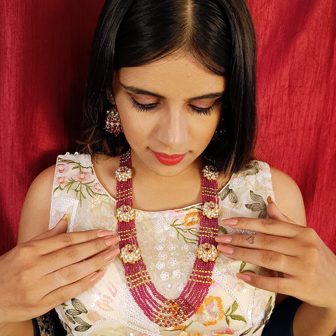 Designer Gold Plated Royal Kundan Beads Necklace with Earrings (D389)