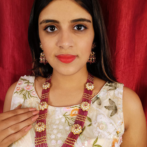 Designer Gold Plated Royal Kundan Beads Necklace with Earrings (D389)