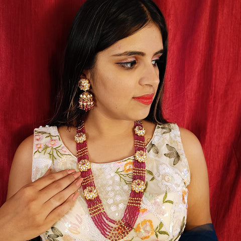 Designer Gold Plated Royal Kundan Beads Necklace with Earrings (D389)