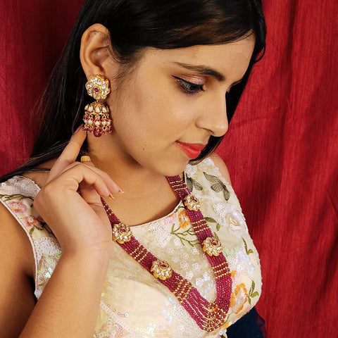 Designer Gold Plated Royal Kundan Beads Necklace with Earrings (D389)