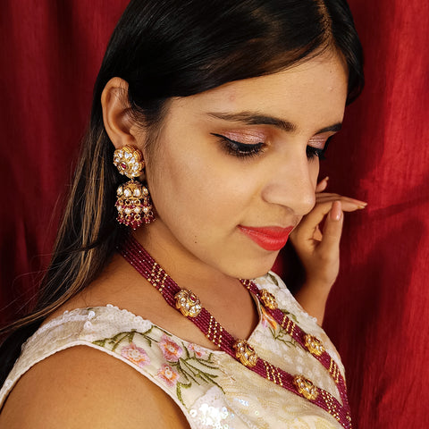 Designer Gold Plated Royal Kundan, Ruby & Beads Necklace with Earrings (D389)