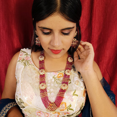 Designer Gold Plated Royal Kundan Beads Necklace with Earrings (D389)