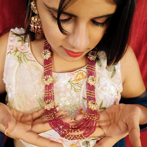 Designer Gold Plated Royal Kundan Beads Necklace with Earrings (D389)