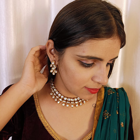 Designer Gold Plated Royal Kundan Necklace with Earrings (D390)