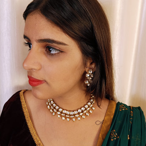 Designer Gold Plated Royal Kundan Necklace with Earrings (D390)