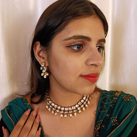 Designer Gold Plated Royal Kundan Necklace with Earrings (D390)