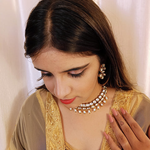 Designer Gold Plated Royal Kundan Necklace with Earrings (D390)