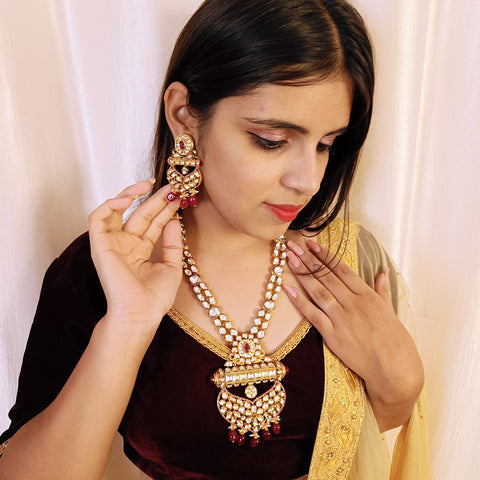 Designer Gold Plated Royal Kundan & Ruby Necklace with Earrings (D384)