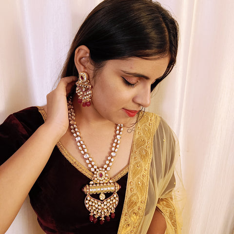 Designer Gold Plated Royal Kundan & Ruby Necklace with Earrings (D384)
