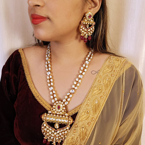 Designer Gold Plated Royal Kundan & Ruby Necklace with Earrings (D384)