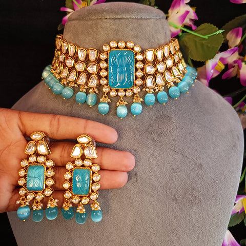 Designer Gold Plated Royal Kundan & Blue Beads Choker Style Necklace with Earrings (D381)