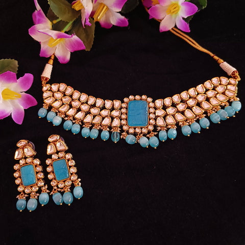 Designer Gold Plated Royal Kundan & Blue Beads Choker Style Necklace with Earrings (D381)