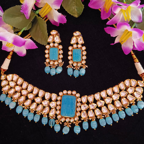 Designer Gold Plated Royal Kundan & Blue Beads Choker Style Necklace with Earrings (D381)