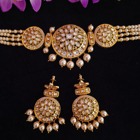 Designer Gold Plated Royal Kundan & Beads Choker Style Necklace with Earrings (D414)