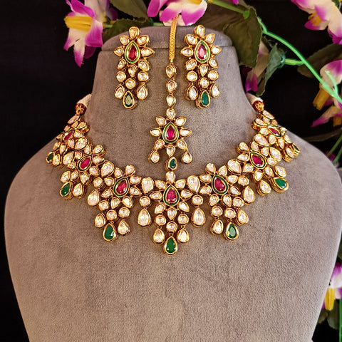 Designer Gold Plated Royal Kundan, Emerald & Ruby Necklace with Earrings (D388)