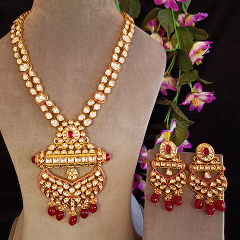 Designer Gold Plated Royal Kundan & Ruby Necklace with Earrings (D384)