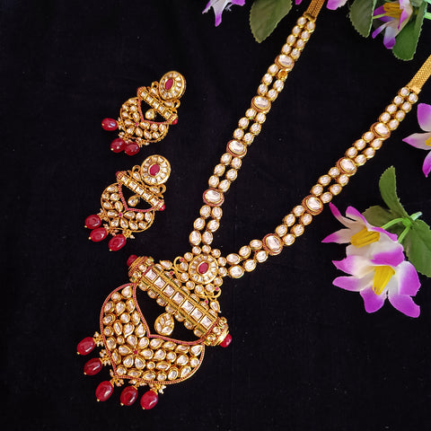 Designer Gold Plated Royal Kundan & Ruby Necklace with Earrings (D384)