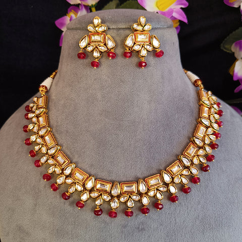 Designer Gold Plated Royal Kundan & Red Beads Necklace with Earrings (D415)