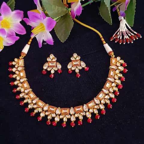 Designer Gold Plated Royal Kundan & Red Beads Necklace with Earrings (D415)