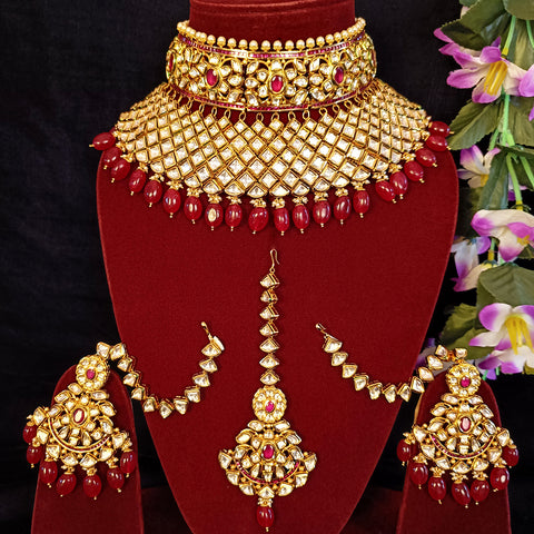 Bridal Gold Plated Royal Kundan, Ruby & Beads Necklace with Earrings (D386)