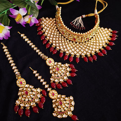 Bridal Gold Plated Royal Kundan, Ruby & Beads Necklace with Earrings (D386)