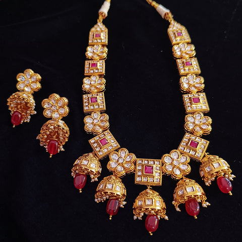 Designer Gold Plated Royal Kundan & Ruby Necklace with Earrings (D377)