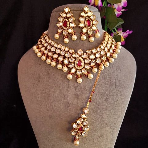 Designer Gold Plated Royal Kundan & Ruby Necklace with Earrings (D417)