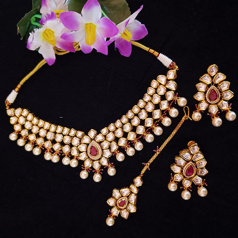 Designer Gold Plated Royal Kundan & Ruby Necklace with Earrings (D417)