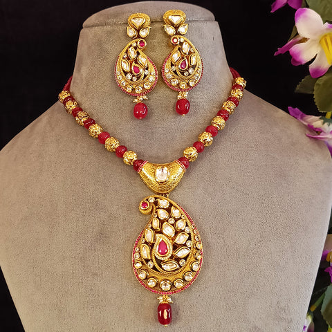 Designer Gold Plated Royal Kundan, Ruby & Beads Pendant Set (D419)