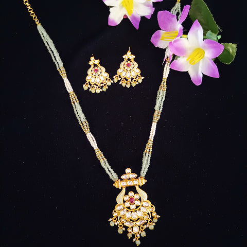 Designer Gold Plated Royal Kundan, Ruby & Mint Beads Pendant Set (D423)